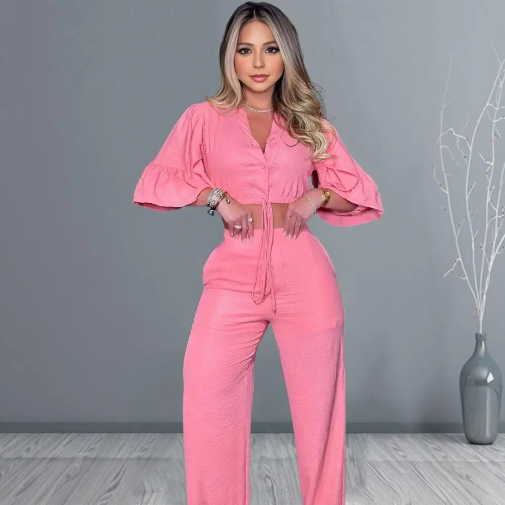 Women Top Pants Suit Stylish Women's V Neck Crop Top Wide Leg Pants Set with Bubble Sleeves Lace-up Detail Solid for Fashionable