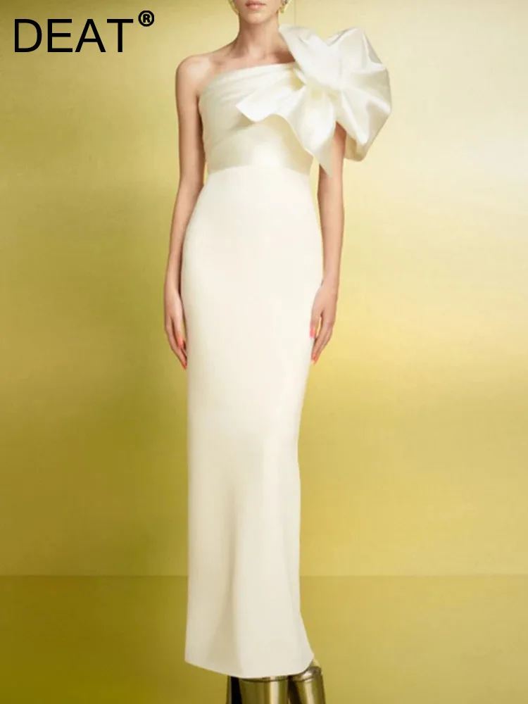 

DEAT Women's Fashion Party Dress Diagonal Collar Off The Shoulder 3D Split High Waist Elegant Dresses Spring 2024 New 13DB4729