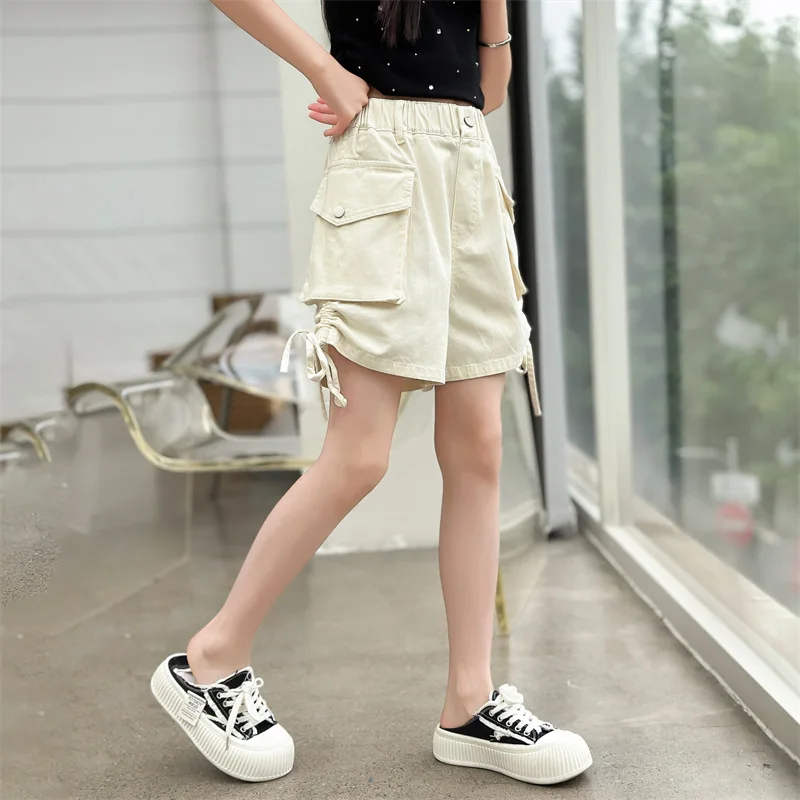 New Casual Kids Side Drawstring Shorts with Pocket for Tween Girls Summer Bottoms Clothes Fashion Child Cargo Shorts with Pocket