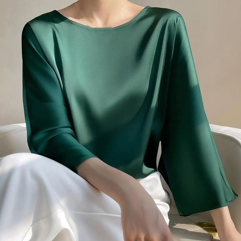 

Women Flared Sleeve Blouse Elegant Satin Flared Sleeve Blouse for Women Loose Fit O-neck T-shirt Stylish Streetwear Fashion