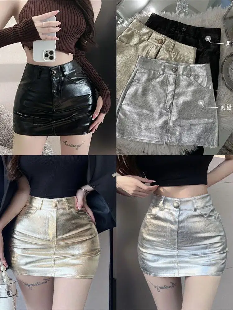 

Short Bright Skirt Natural Faux Pu Leather Genuine Leather 2023 New Fashion Female Design Straight Slim Hip Hot Skirt T435
