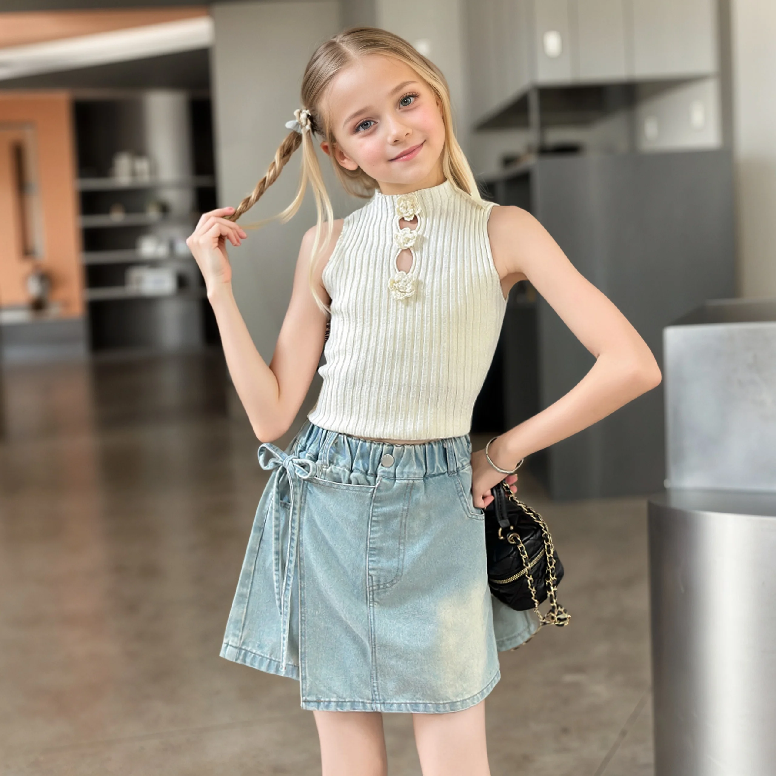 Kids shorts girls summer denim skirt shorts tether decoration casual sports 5-15 years old