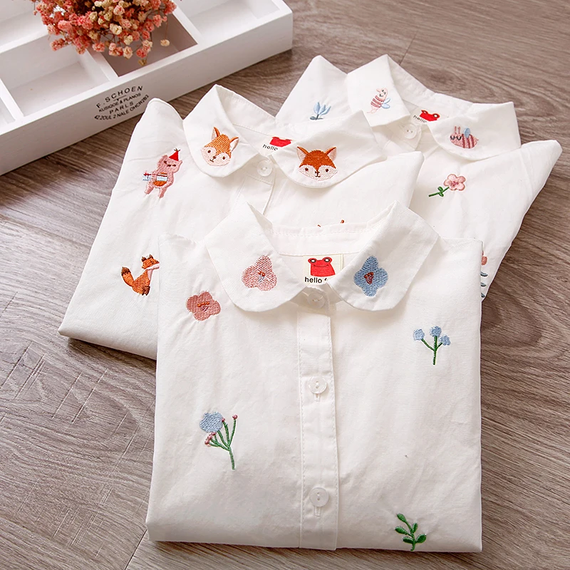 Kids Shirts Girls Blouses Long Sleeve Autumn Spring Kids Clothes Girls 8 To 12 Cartoon Fox Embroidery Tops Cotton School Shirts
