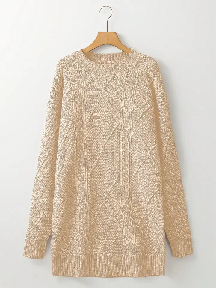 Oversized Apricot Knitted Cable Sweater Dress
