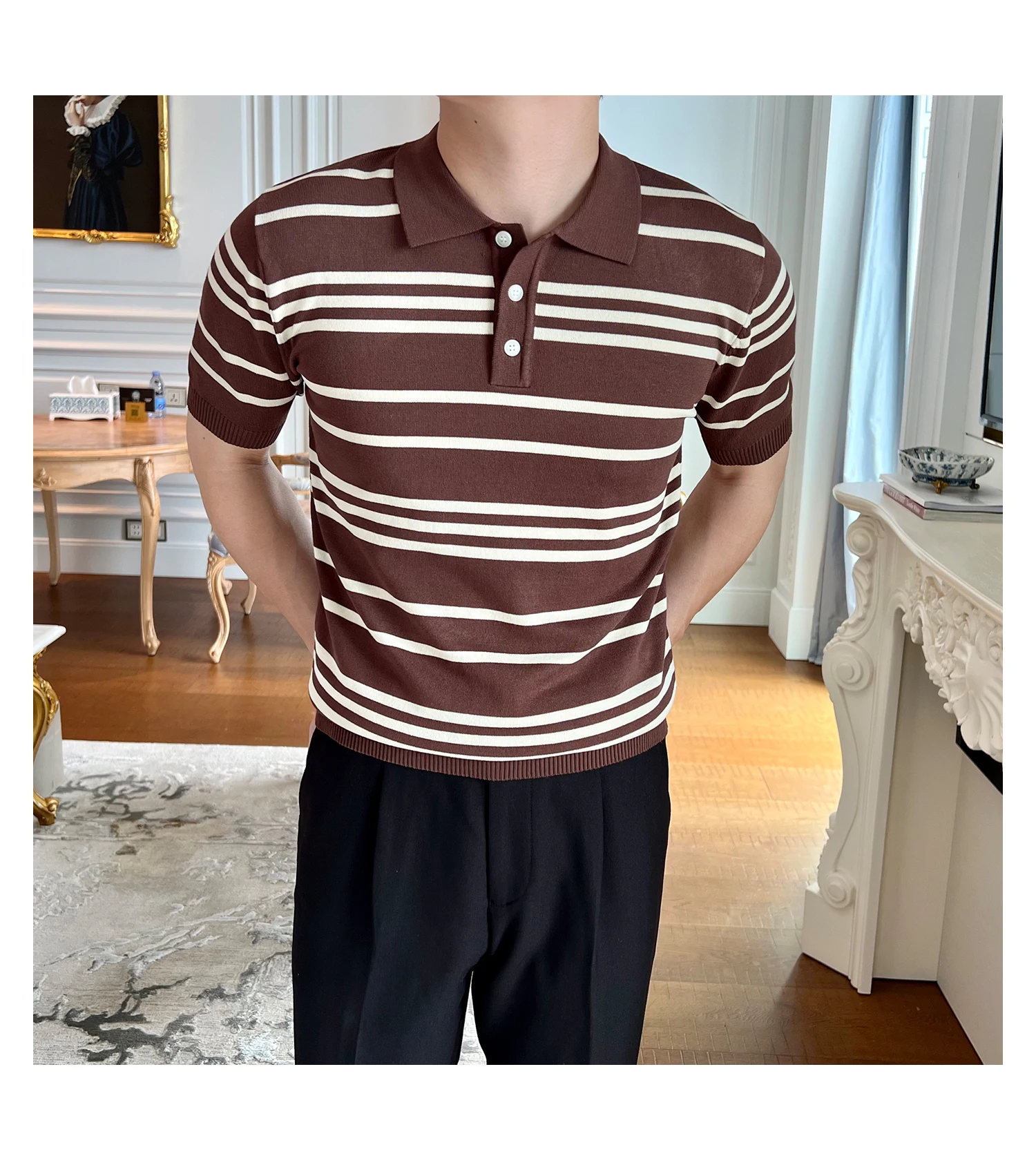 

New Summer Polos Men's Casual Knitted Short Sleeve Polo Shirts Lapel Button Breathable T Shirt Slim Stripe Male Tops C72