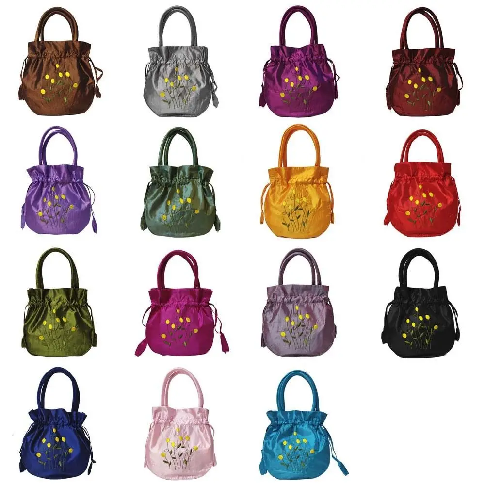 

Satin Silk Hanfu Drawstrings Bag Fashion Ethnic Style Mommy Bag Floral Bucket Bag Leaf Lunch Bag Small Purse Wallet Outdoor
