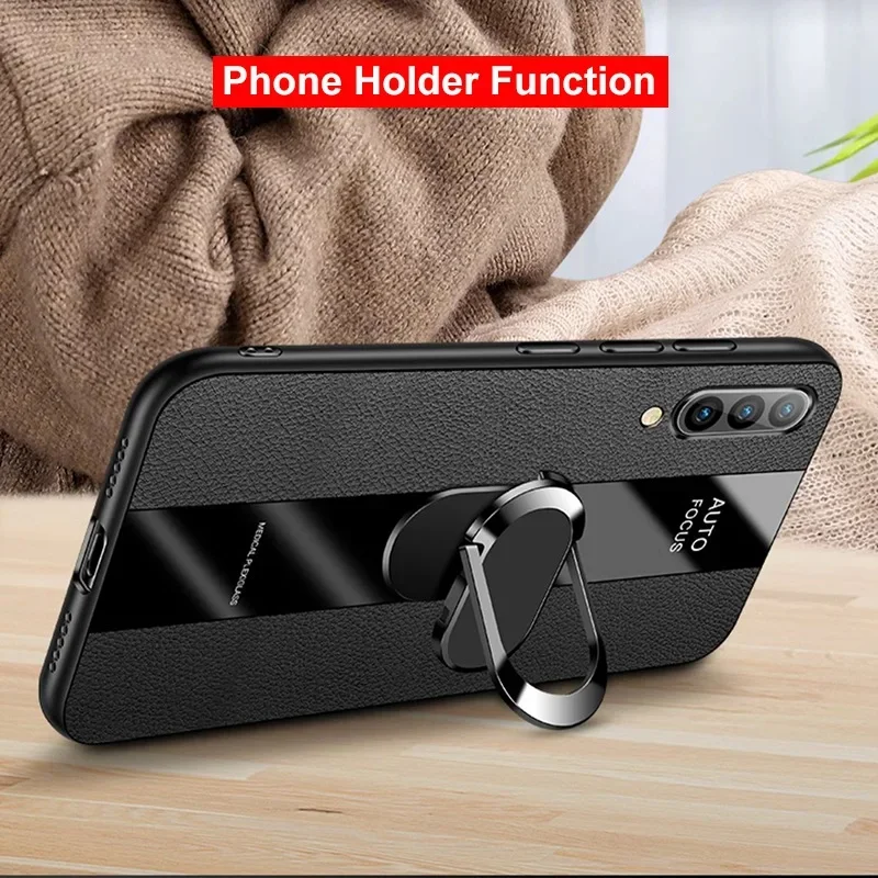 Leather Ring Holder Shockproof Phone Case with Silicone Protection and Back Cover