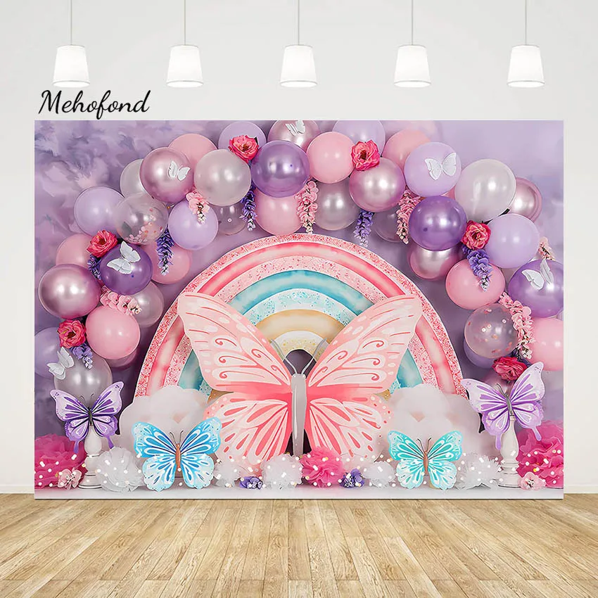 

Mehofond Colorful Rainbow Princess Photography Backdrop Girl Birthday Party Balloon Flower Butterfly Photocall Background Studio