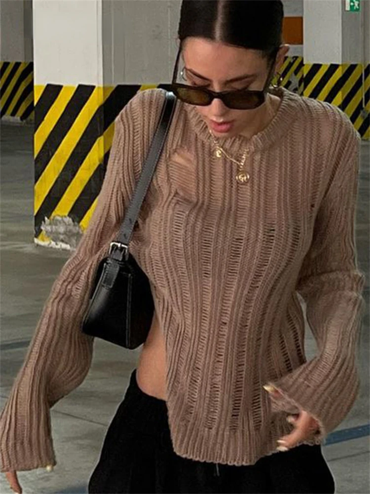 

Y2K Knit Pullovers Smock Chic Top Casual Vintage Streetwear Women Harajuku Sweater See Through Fashion Aesthetic Loose Shirts