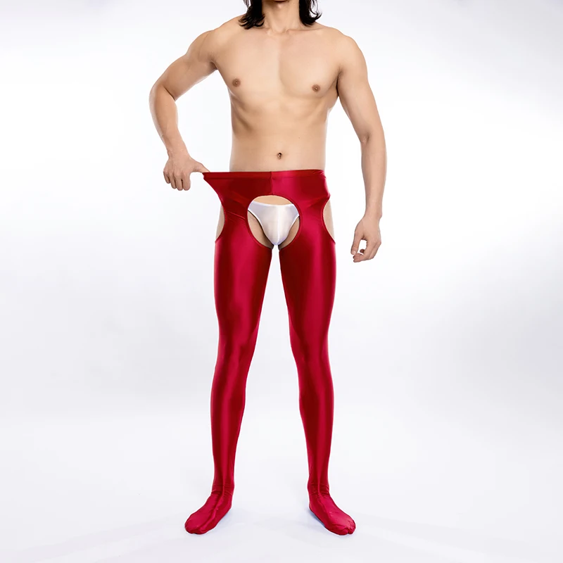 Men's Sexy Crotchless Skinny Pants Elastic High Waist Slim Fit Tights Oil Glossy Wet Hollowlong Leggings Pants For Nightclub