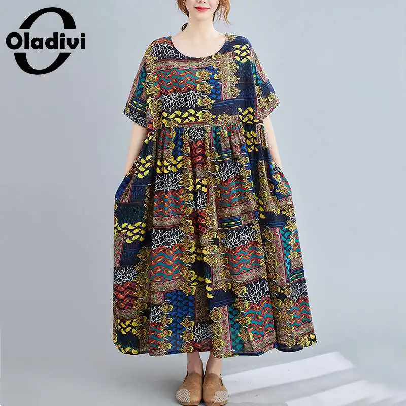

Oladivi Oversized Women Summer Beach Wear Maxi Long Boho Dress Fashion Print Casual Loose Bohemian Dress with Pockets Tunic Robe