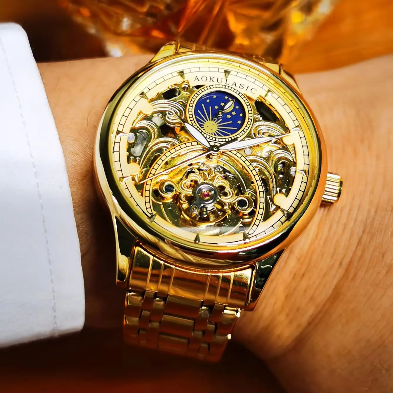 Gold Vintage Moon Phase Automatic Watch for Men Tourbillon