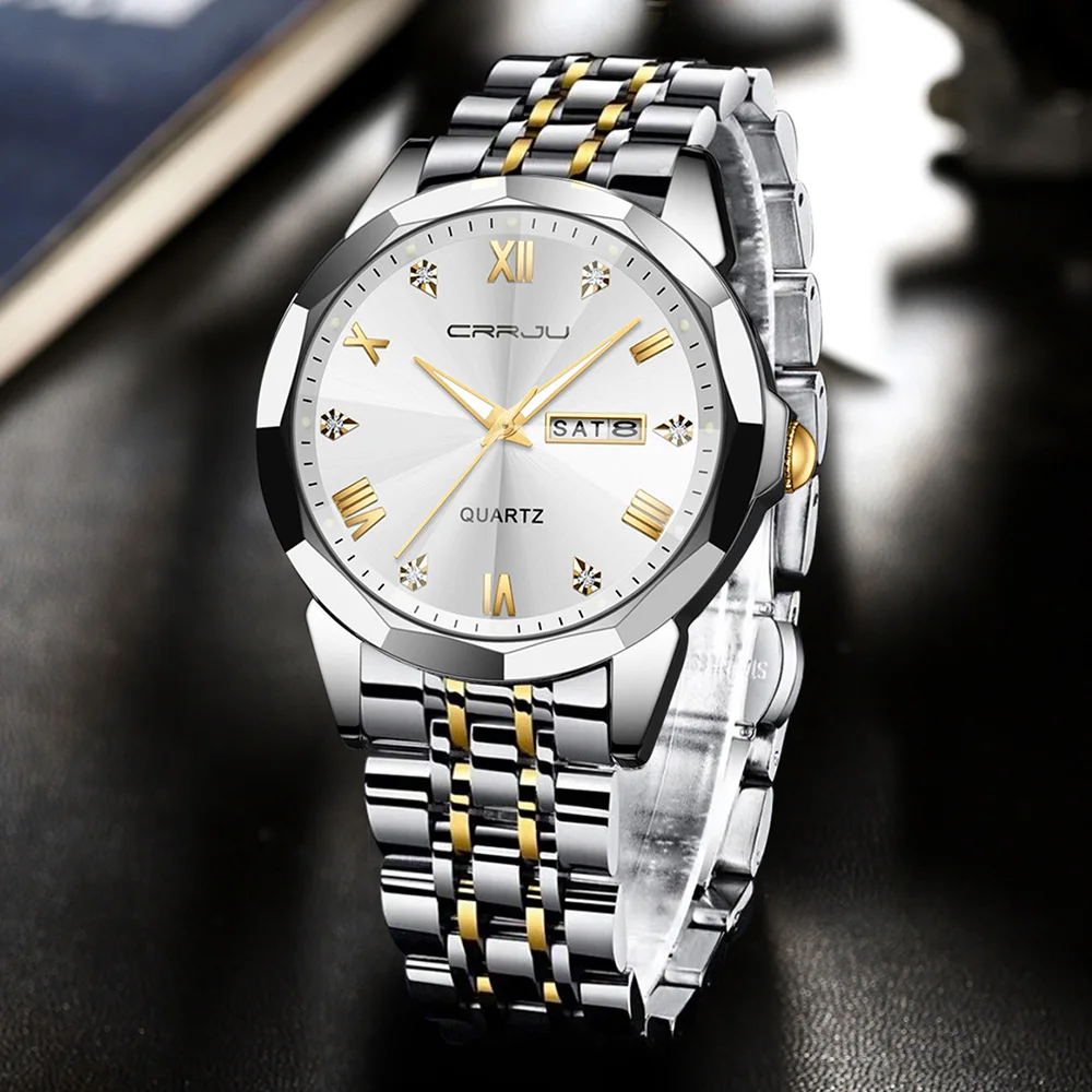 CRRJU Luxury Men Quartz Watch Waterproof Date Week Luminous Wristwatch Stainless Steel Men's Watches Male Clock Sports Reloj