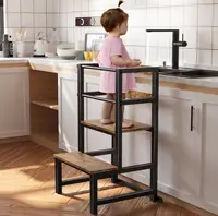 Toddler Kitchen Step Stool, Adjustable Height Learning Tower with Safety Rail, Steel & Wood Kitchen Stool for Kids, Toddler Help
