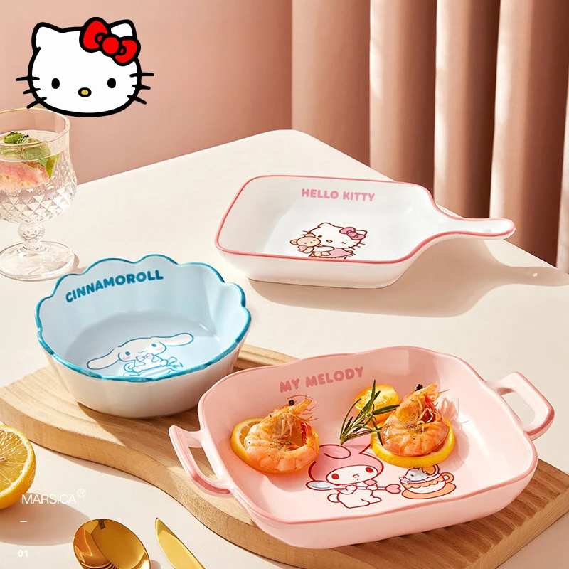

Sanrio HelloKitty MyMelody Cinnamoroll Dinner Plate Kawaii Household Ceramic Baked Rice Bowl Baking Tray Fruit Salad Tableware