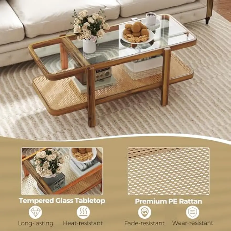 Rattan Coffee Table, 47.5" Rectangle Solid Wood Tea Table w/Tempered Glass Tabletop & PE Rattan Storage Shelf 4