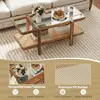 Rattan Coffee Table, 47.5" Rectangle Solid Wood Tea Table w/Tempered Glass Tabletop & PE Rattan Storage Shelf 4