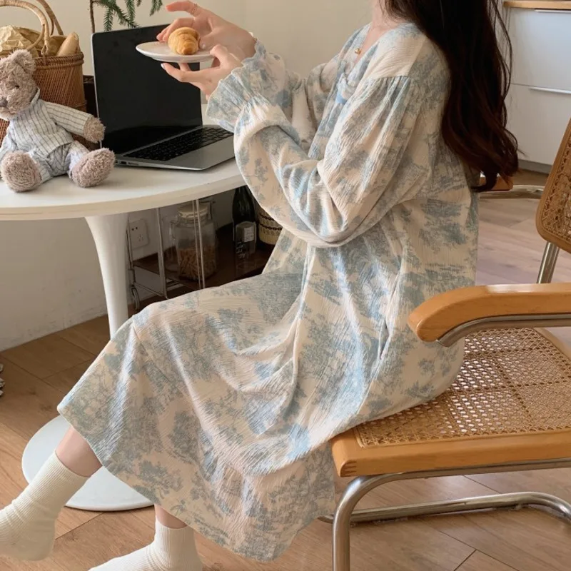 

Nightdress Women Cotton Chest Pads Long Sleeve Nightgowns Sleepshirt Loose Spring Women Sleepwear Autumn Home Clothes Nightwear