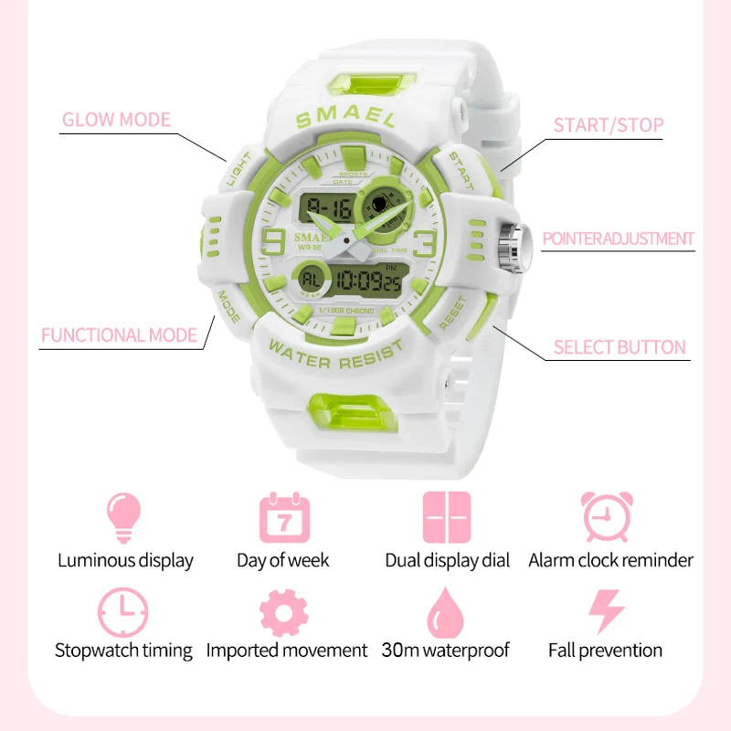 SMAEL Midsize Digital Watch Women Youth Vitality Multifunctional Sport Electronic and Quartz Wristwatch School Girl Stopwatch digital watch