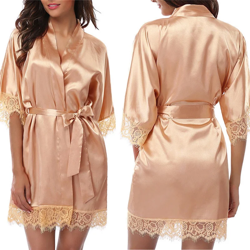 Women Sexy Silk Satin Poplin Lace Robes for Wedding Bridesmaid Bride
