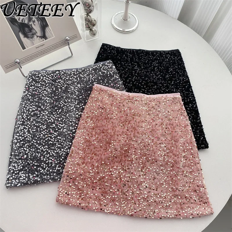 

Hot Girl Socialite Nightclub Sequins Shiny Hip Skirt Female Blingbling High Waist Black Short Skirt Autumn New Short Skirt Women