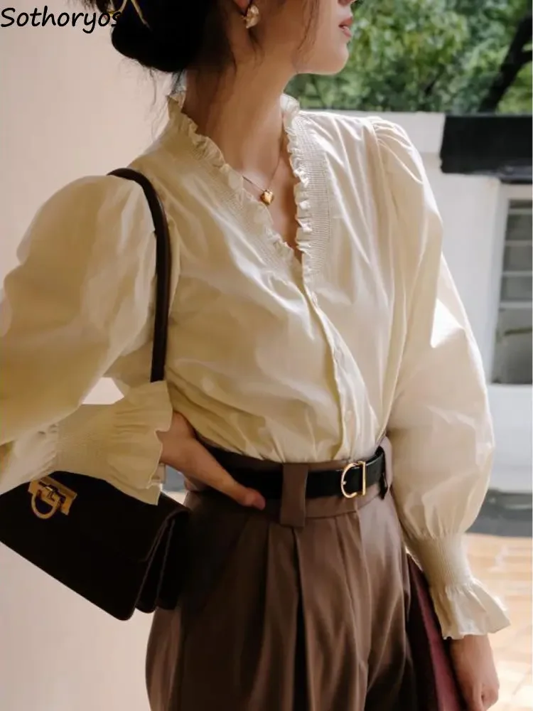 

Shirts Women Spring All-match V-Neck Stylish Korean Style Design Retro Comfortable Elegant Casual Trendy Ruffles New Chic Gentle