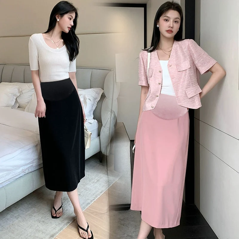Korean Style Summer Solid Color Maternity Skirt Back Split High Waist Pregnant Woman Tailored Skirt Lady Elegant Formal Skirts
