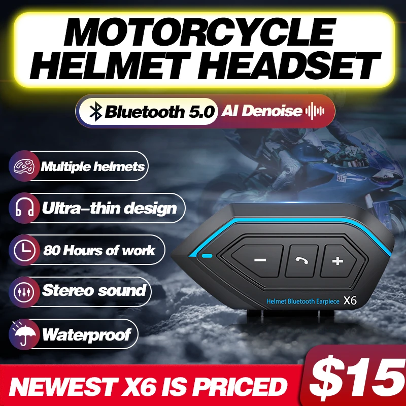 X6 Bluetooth5.0 Motorcycle Helmet Headset Headphone Wireless Motor Bike