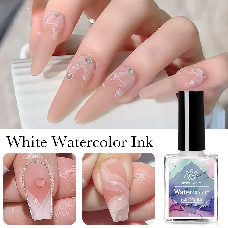 BORN PRETTY-15ml 네일 폴리쉬 화이트 수채화 네일 잉크, 손톱 디자인 자연 공기 건조 블루밍 네일 아트 바니시