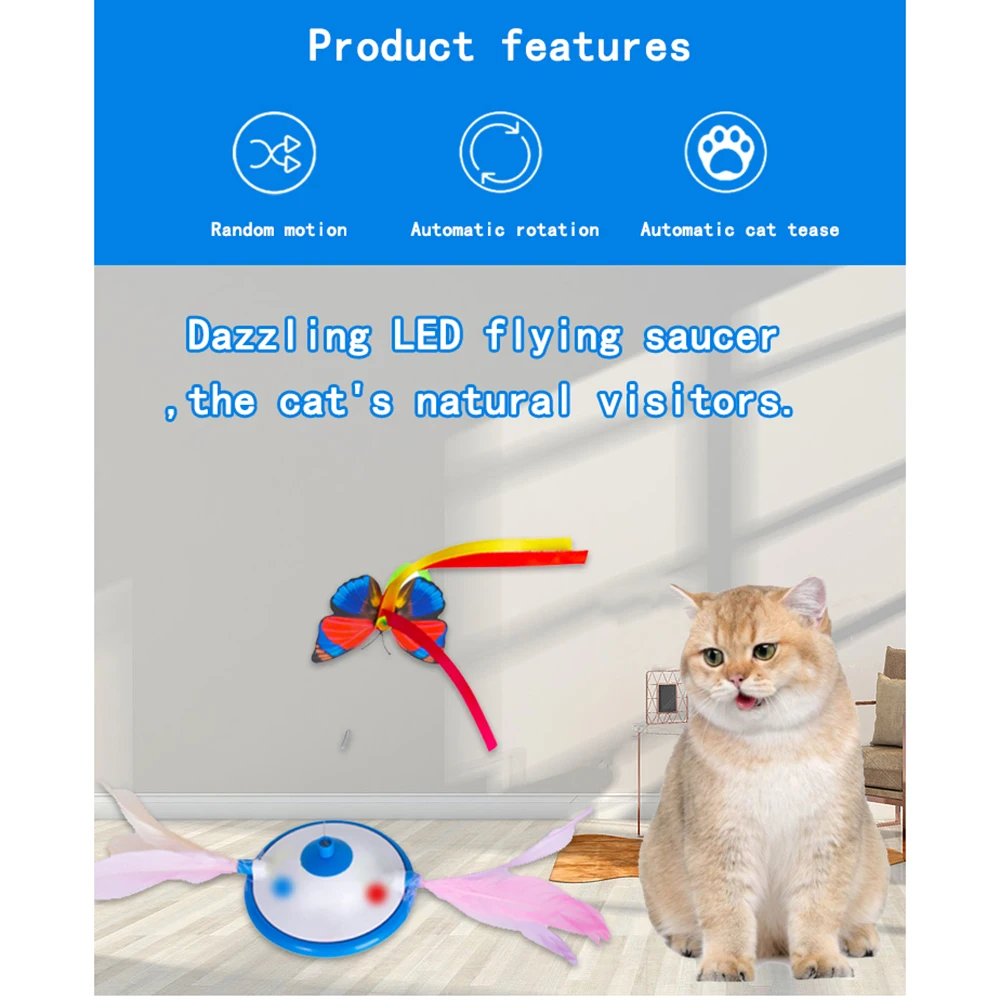 

Pet Tease Cat Toy Flying Saucer Toys For Cat Feather Head USB Charging Electric Rotating Motion Cat Toy With Catnip Cat Supplies