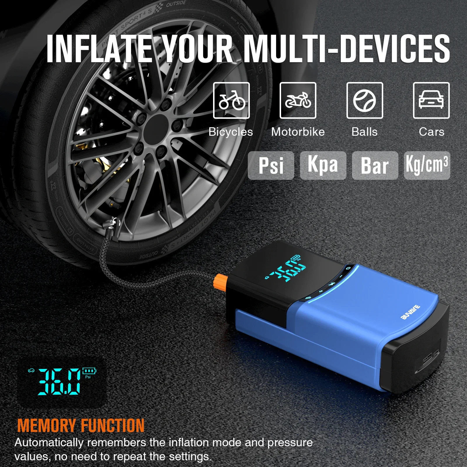 BUVAYE 4 in 1 Car Jump Starter Air Pump 150PSI Tyre Compressor 2000A Starter Device 10400mAh Power bank Digital Inflatable Pump