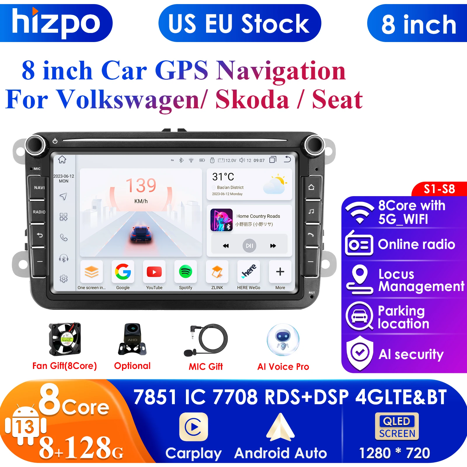 8'' 2Din Car Radio Android 14 for Volkswagen Golf 5 6 Polo Passat B6 B7 CC Skoda Jetta Universal Muiltmedia Carplay 4G Wifi GPS