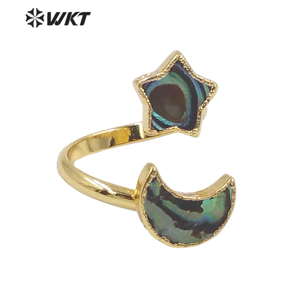 

WT-MPR027 WKT Fashion Style Natural Abalone Shell Ring Star And Moon Shape Gold Plated Adjustable Weding Jewelry 2023 Trend