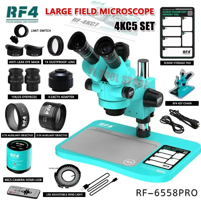 RF4 6558PRO 울트라 HD 삼안 실체 현미경 대형 베이스 6.5X-58X 휴대폰 PCB 용접 현미경 광시야 4K 2K 카메라