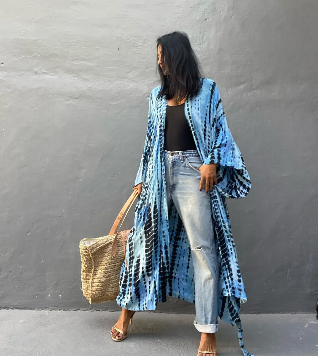 Women's Beach Cover Ups Open Front Tie Dye Maxi Cardigan Kimono Swimsuit with Belts 6
