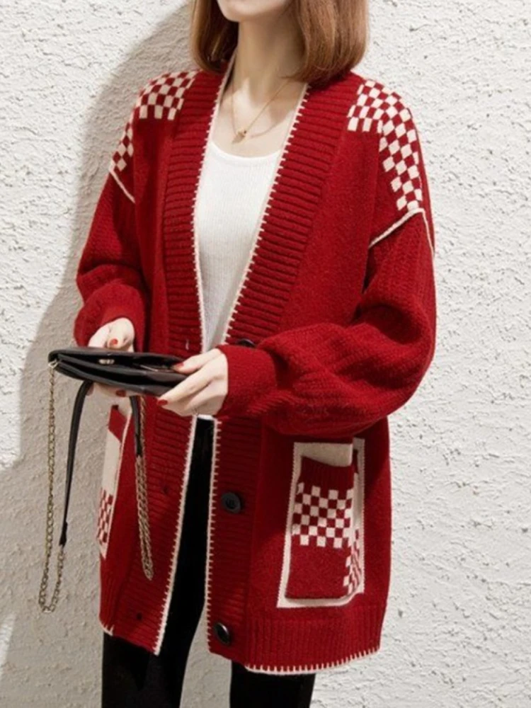 New Autumn and Winter Cardigan Women's Long-sleeved V-neck Sweater Retro Contrasting Color Single-breasted with Pocket Knitwear
