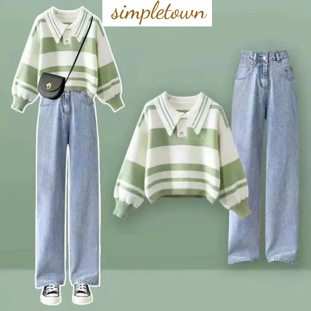 POLO Collar Stripe Long Sleeve Knitted T-shirt Wide Leg Jeans Two Piece Elegant Women's Pants Set Summer Outfits