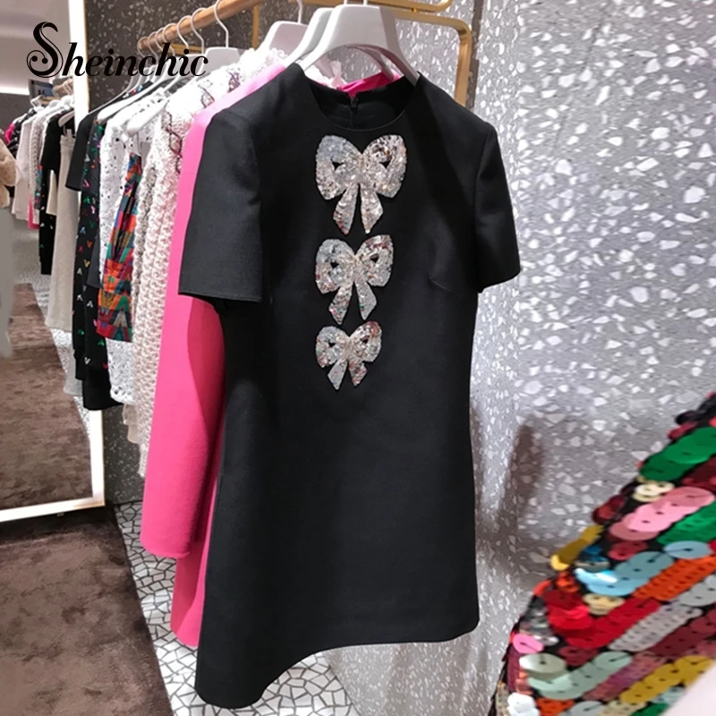 

Designer Summer Clothes for Women 2022 Luxury Elegant Bow Sequined Embroidery A-line Mini Dresses Black Party Dresses