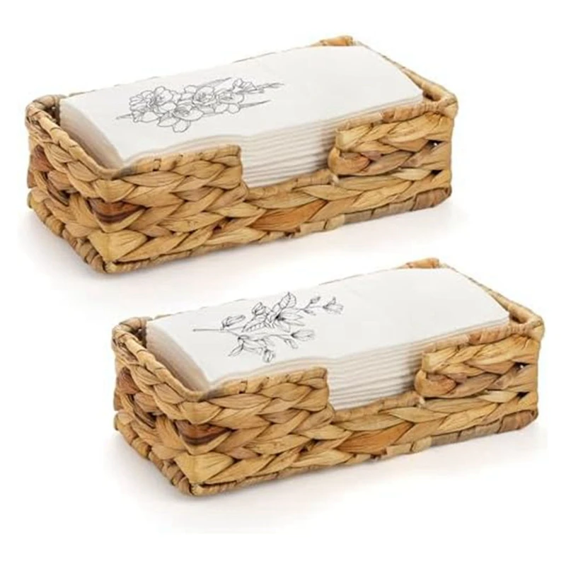 2-pack-water-hyacinth-flat-napkin-holder-kit-woven-wicker-basket-and-rattantray-set-kit-for-table-kitchen-restaurant