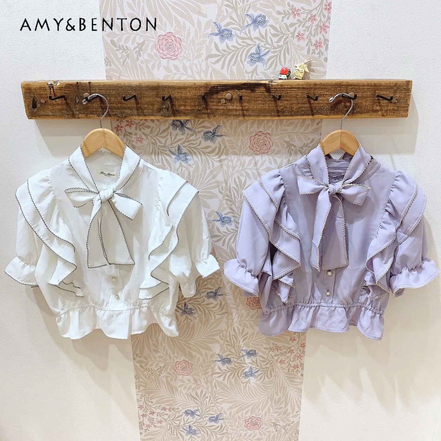 

Japanese Style High Quality 2023 Summer New Ruffled Short Sleeve Shirt Detachable Crochet Bow Collar High Waist White Blusas Top