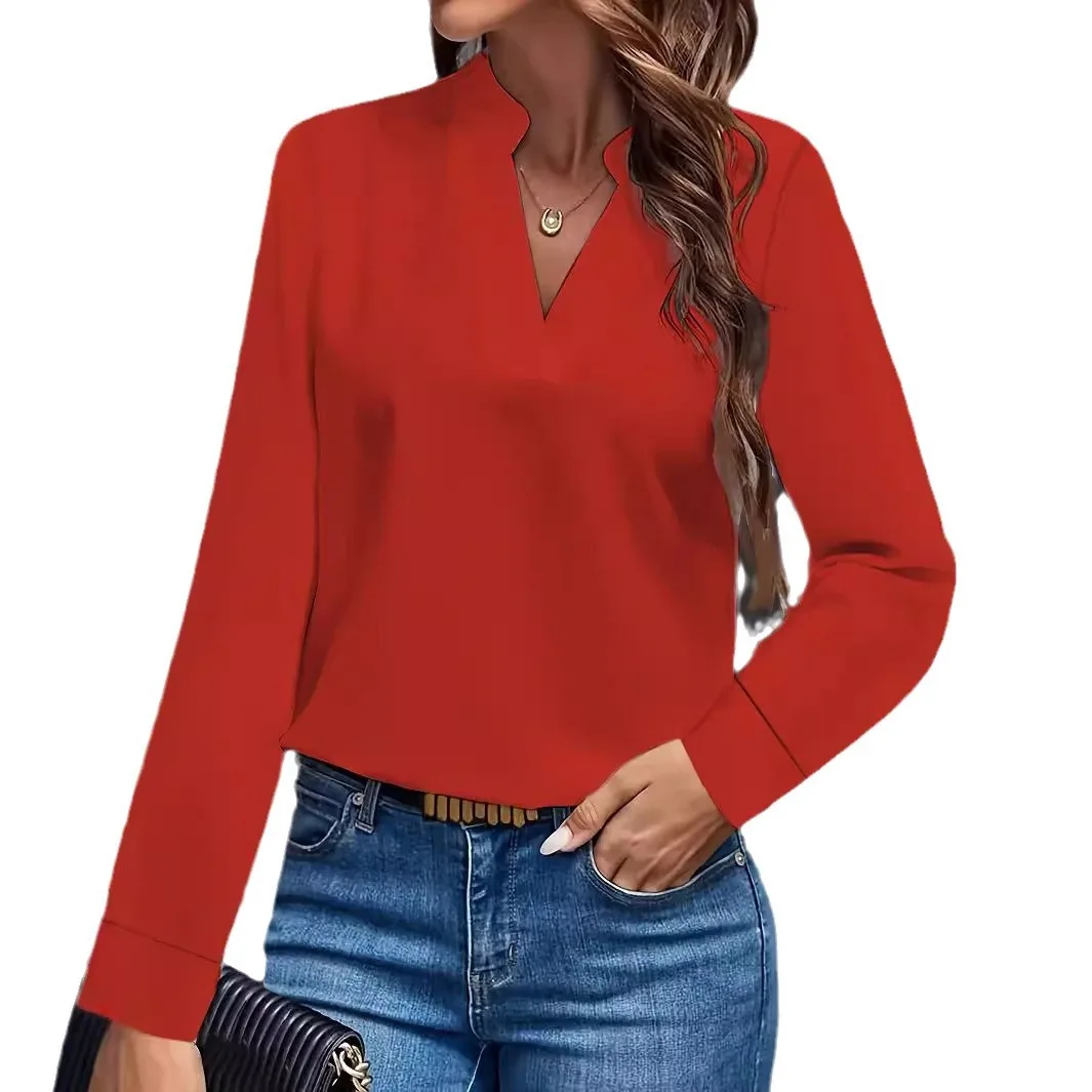 Women Solid Color V Neck Long Sleeve T Shirts