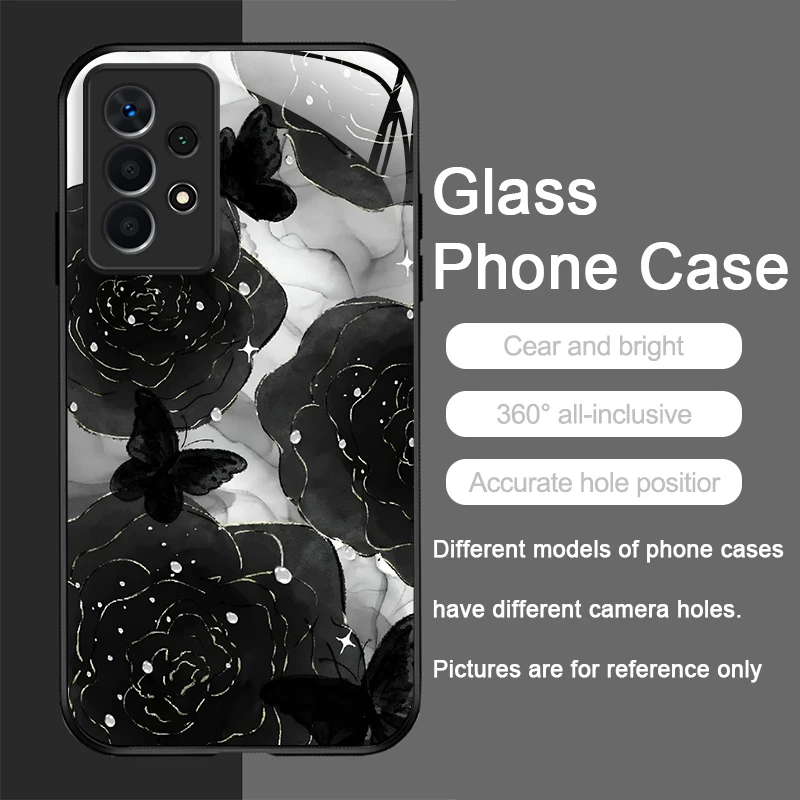 Luxury Black Rose Flower Graphic Tempered Glass Phone Case Cover