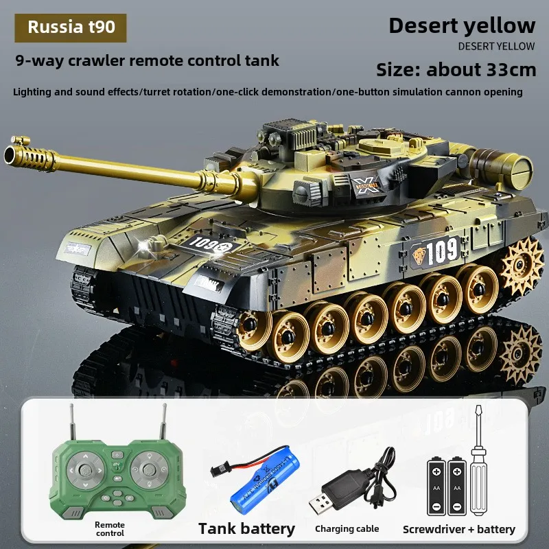 Robot Tank RC 9CH-D jaune télécommandé, boîte avec accessoires et télécommande.