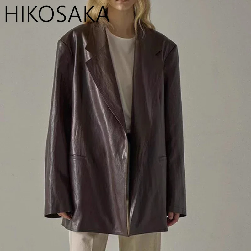Fashion Elegant Office Lady PU Leather Jackets Korean Chic Notched Collar Casual Blazers 2024 Autumn New Loose Coats Women