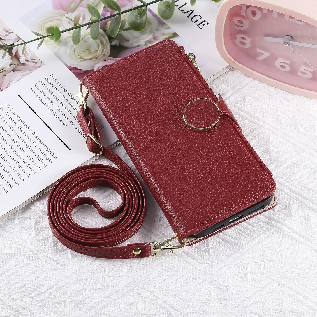 Elegant Leather Card Holder Zipper Wallet Case with Shoulder Lanyard