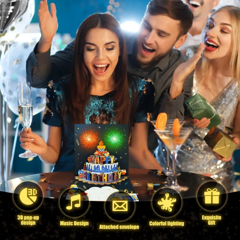 Nuovo biglietto di compleanno soffiabile pop-up 3D con luci