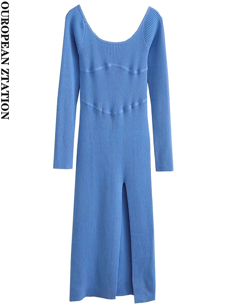 

PAILETE Women 2022 fashion front slit knit midi dress vintage square neck long sleeve female dresses vestidos mujer