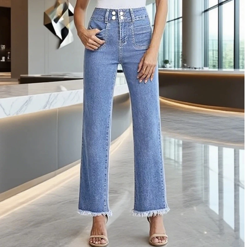 Y2k Jeans For Woman Stretch Denim Trousers Light Blue Straight Leg Multi Button Detail Decorative Pocket New Design 3