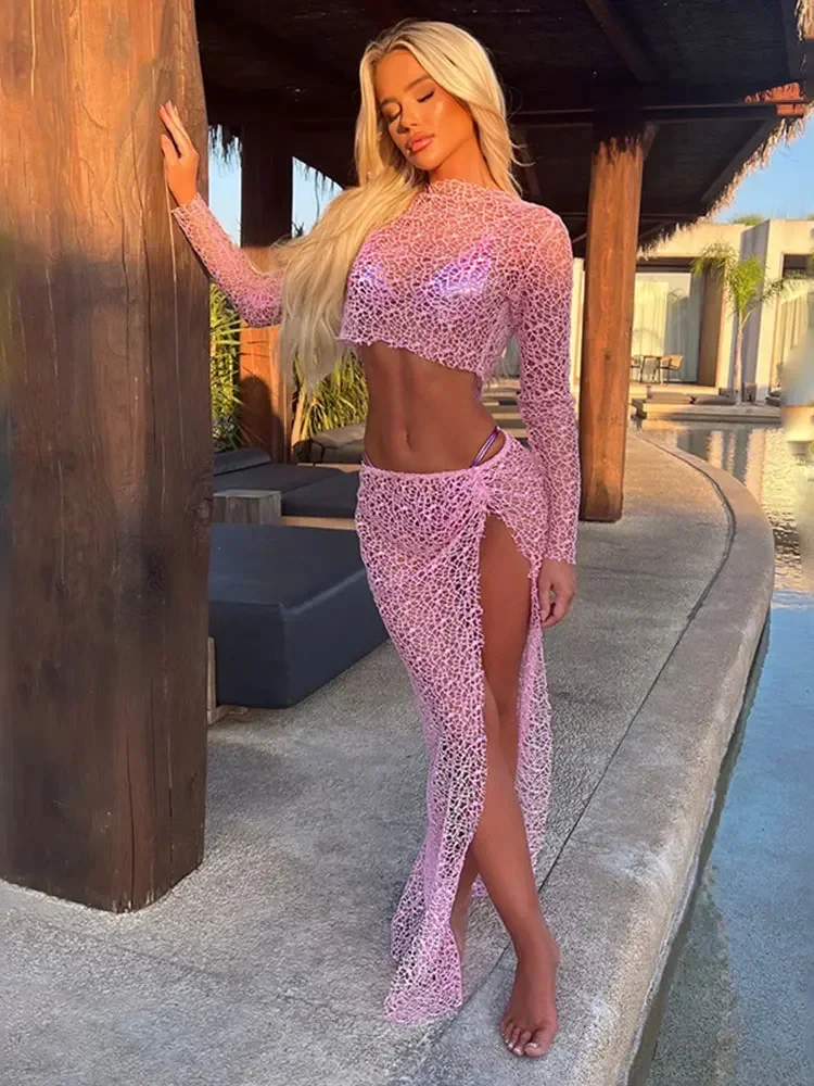 Sexy See-Through Dress Set Bikini Cover-ups 2026 Summer Women Solid Color Knit Cut Out 2-piece Beachwear Swimsuit Cover Up A2790 3