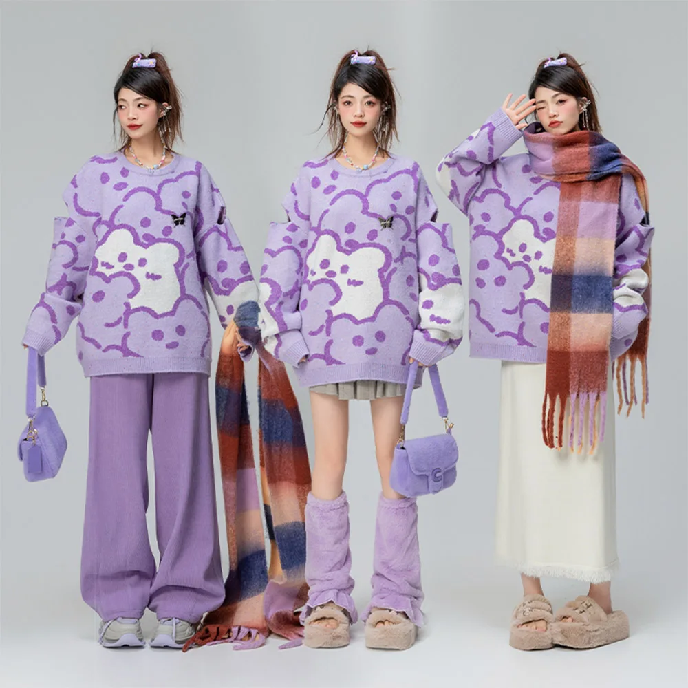 

Purple Cartoon Jacquard Sweater Kawaii Girls Knit Pullover Top Thickened Sweater Loose Fitting Comfortable Skin Friendly Gifts